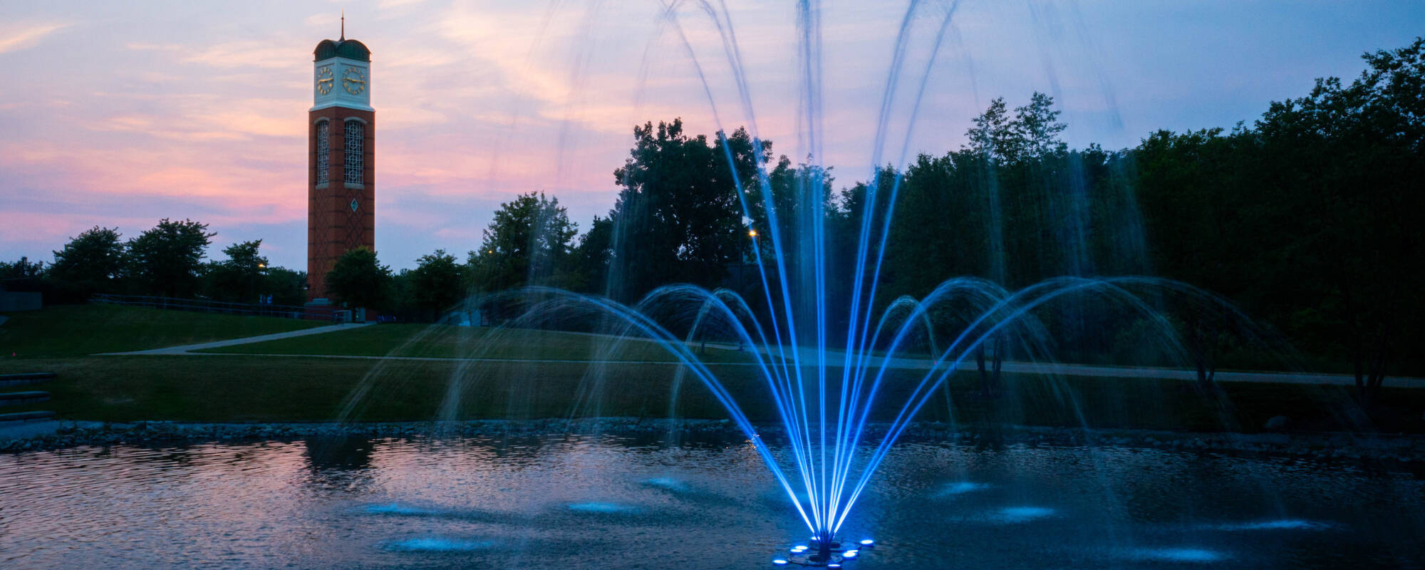 Zumberg Pond at Sunset with Clocktower in the Background